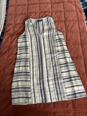 Michael Stars Navy Cream Striped Sleeveless 100% Linen Dress Linen Shift Dress